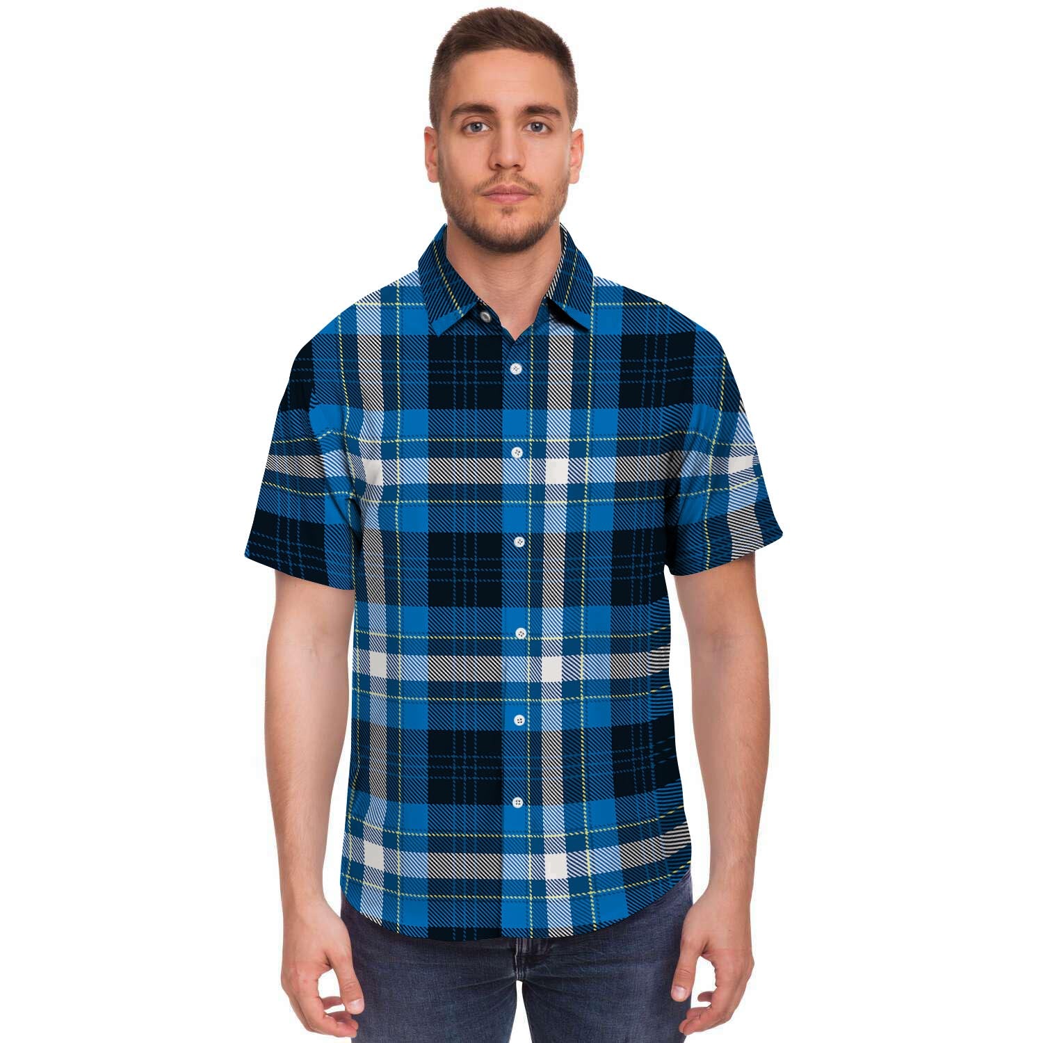 Blue Plaid Tartan Scottish Men's Short Sleeve Shirt-grizzshop