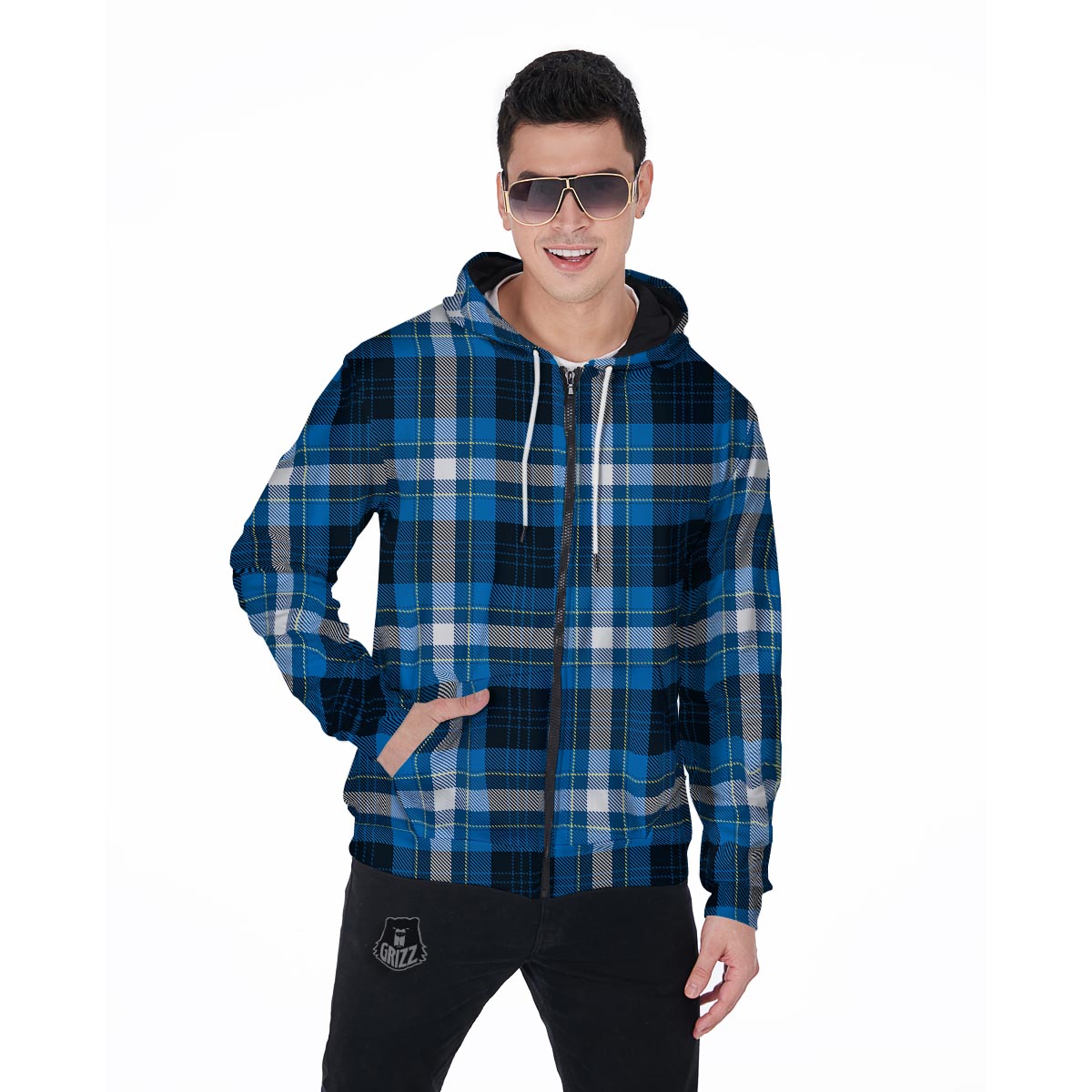 Blue Plaid Tartan Scottish Men's Zip Up Hoodie-grizzshop