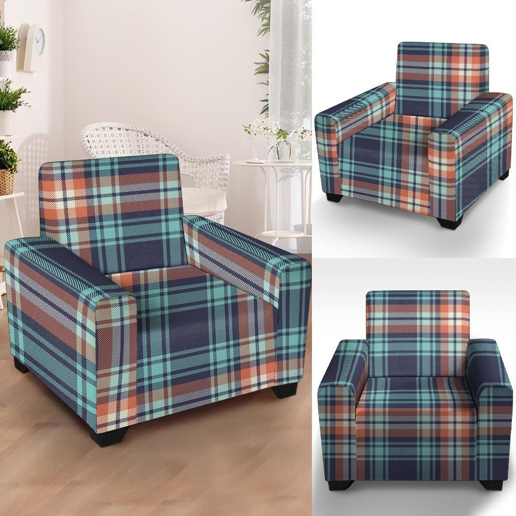 Blue Plaid Tartan Scottish Print Armchair Cover-grizzshop