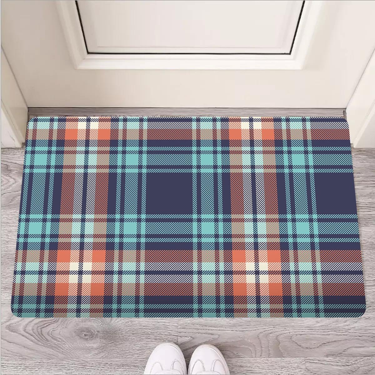 Blue Plaid Tartan Scottish Print Door Mat-grizzshop