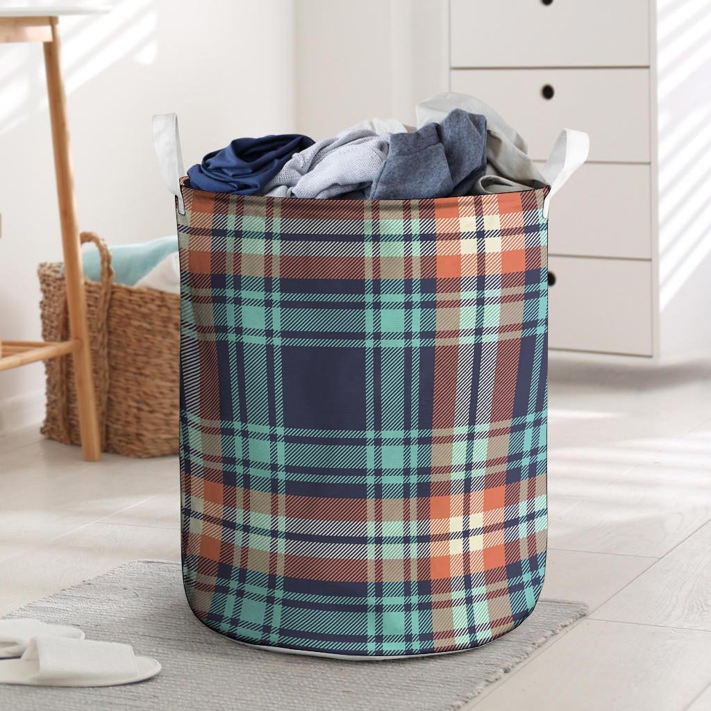 Blue Plaid Tartan Scottish Print Laundry Basket-grizzshop