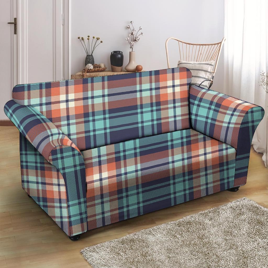 Blue Plaid Tartan Scottish Print Loveseat Cover-grizzshop