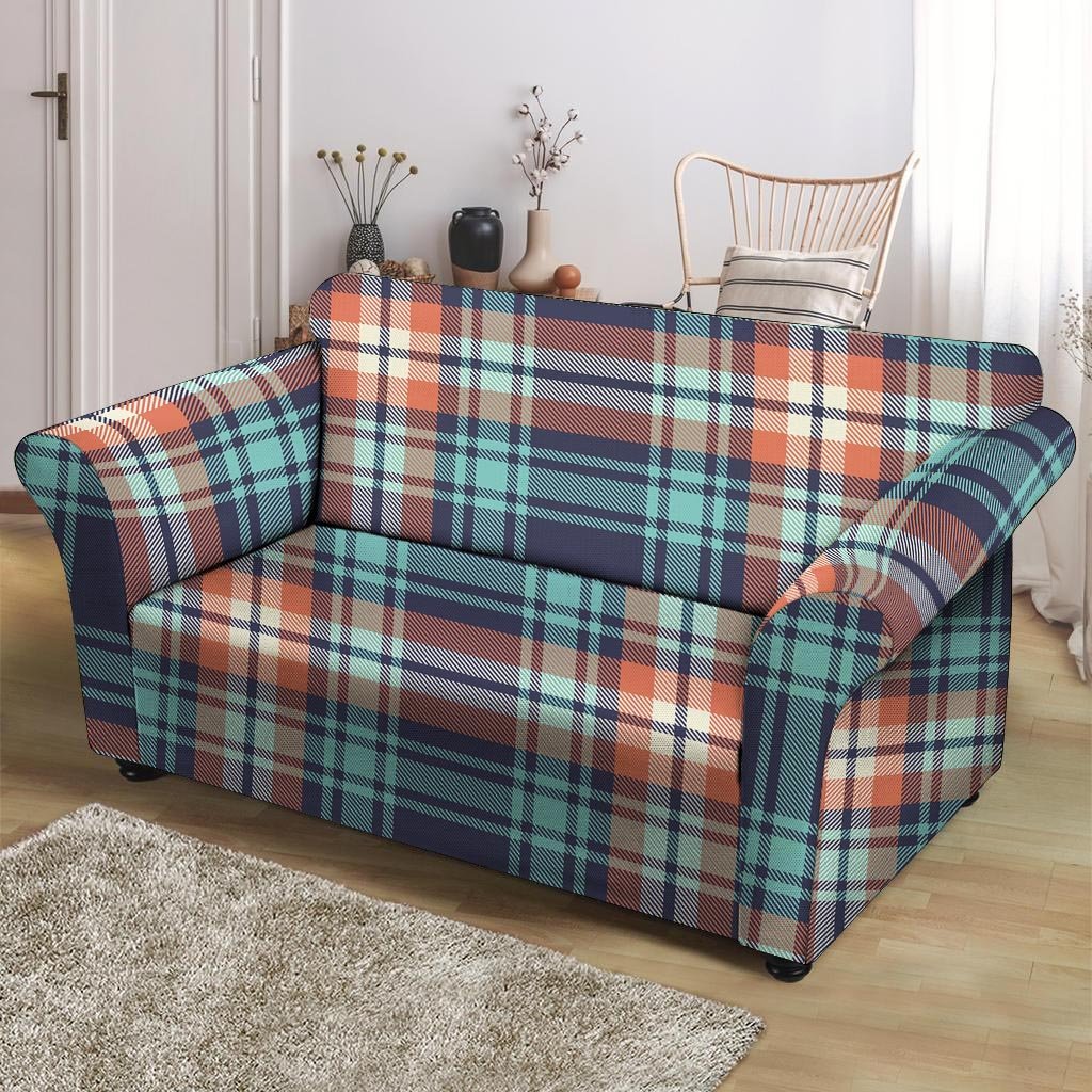 Blue Plaid Tartan Scottish Print Loveseat Cover-grizzshop