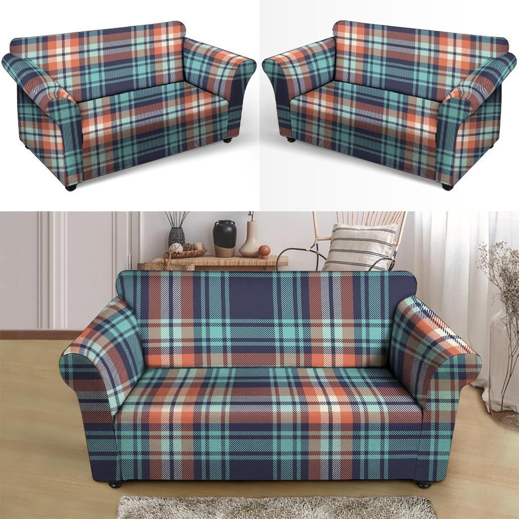 Blue Plaid Tartan Scottish Print Loveseat Cover-grizzshop