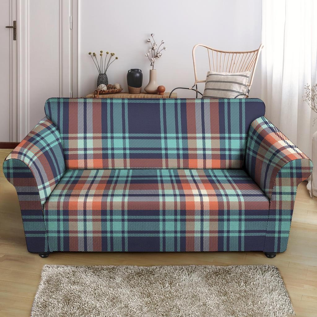 Blue Plaid Tartan Scottish Print Loveseat Cover-grizzshop