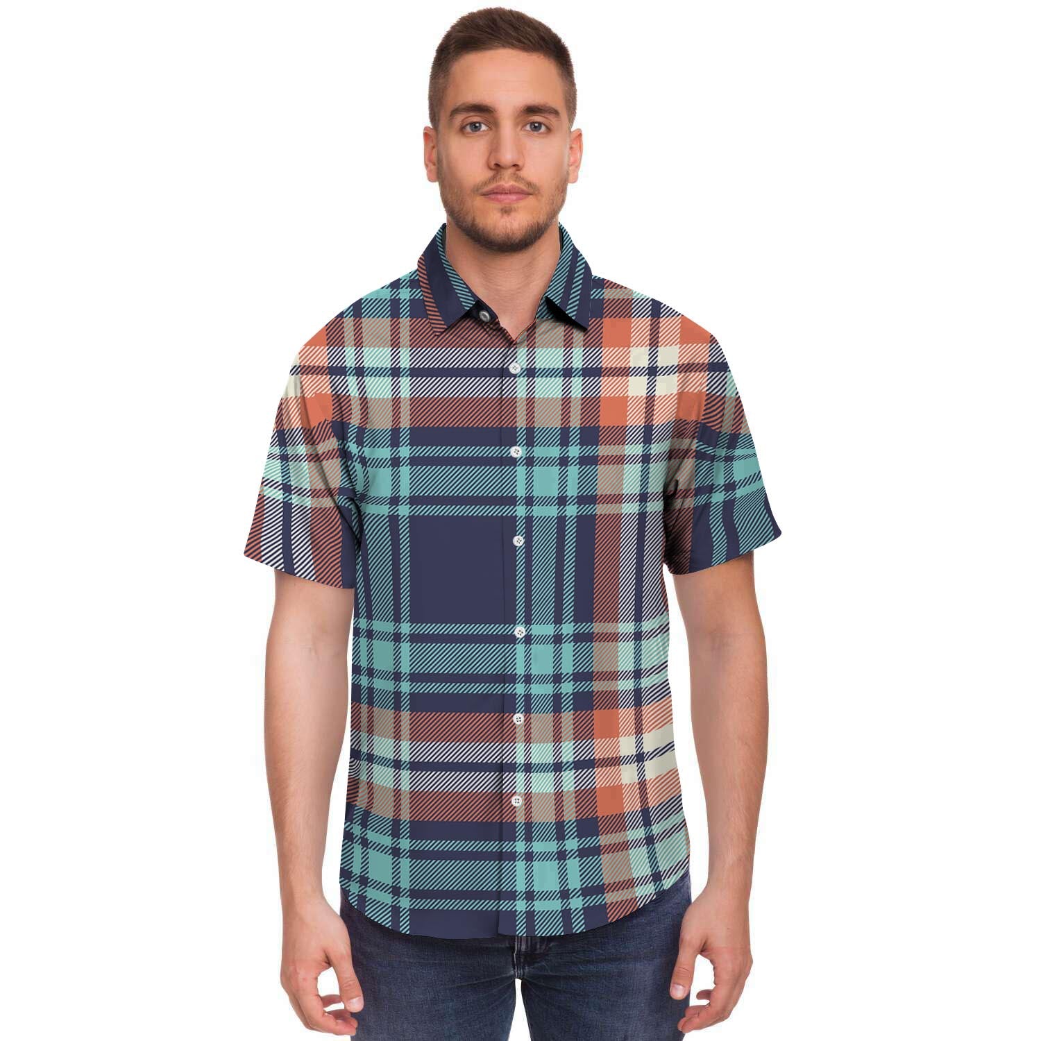 Blue Plaid Tartan Scottish Print Men's Short Sleeve Shirt-grizzshop