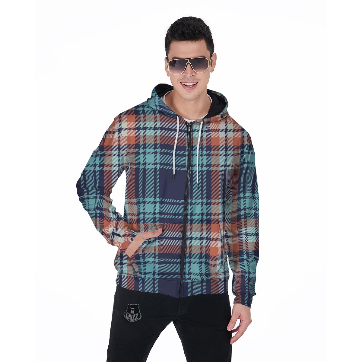 Blue Plaid Tartan Scottish Print Men's Zip Up Hoodie-grizzshop
