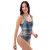 Blue Plaid Tartan Scottish Print One Piece Swimsuite-grizzshop