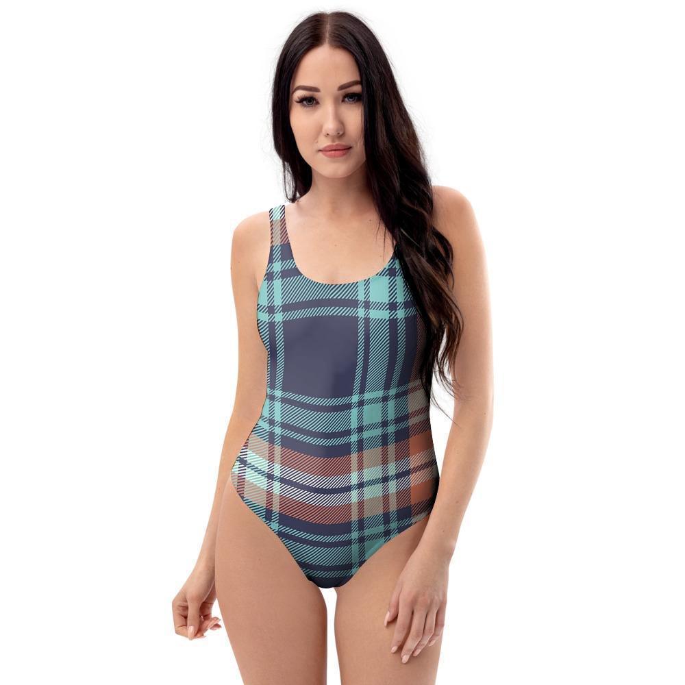 Blue Plaid Tartan Scottish Print One Piece Swimsuite-grizzshop