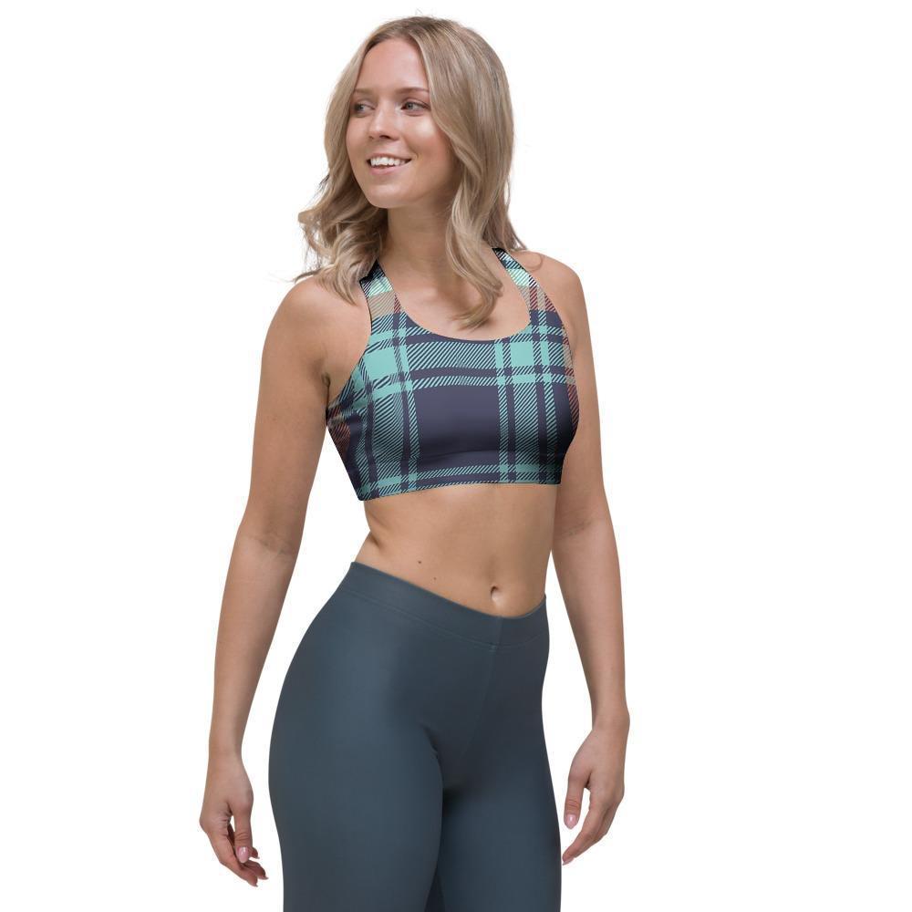 Blue Plaid Tartan Scottish Print Sports Bra-grizzshop