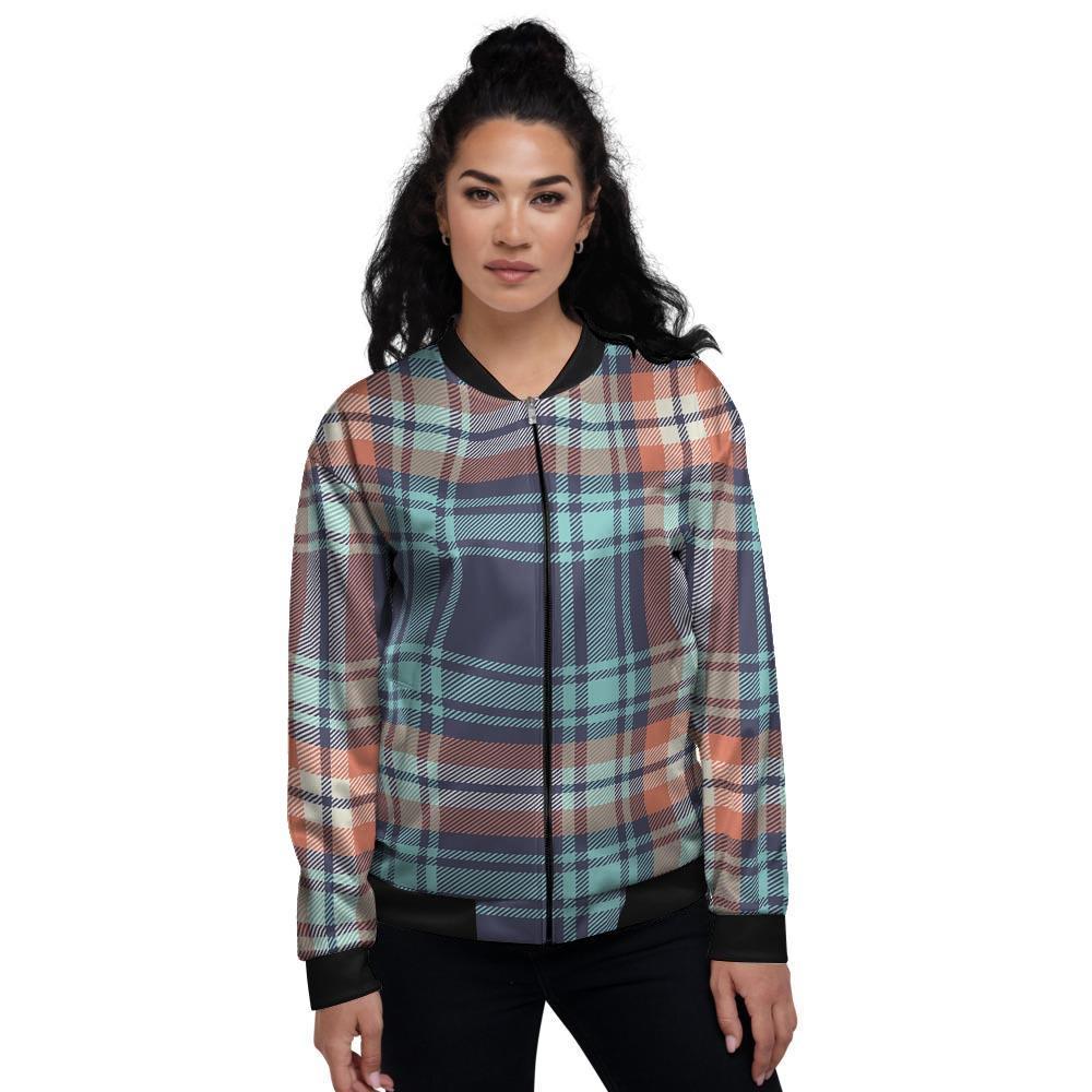 Blue Plaid Tartan Scottish Print Women's Bomber Jacket-grizzshop