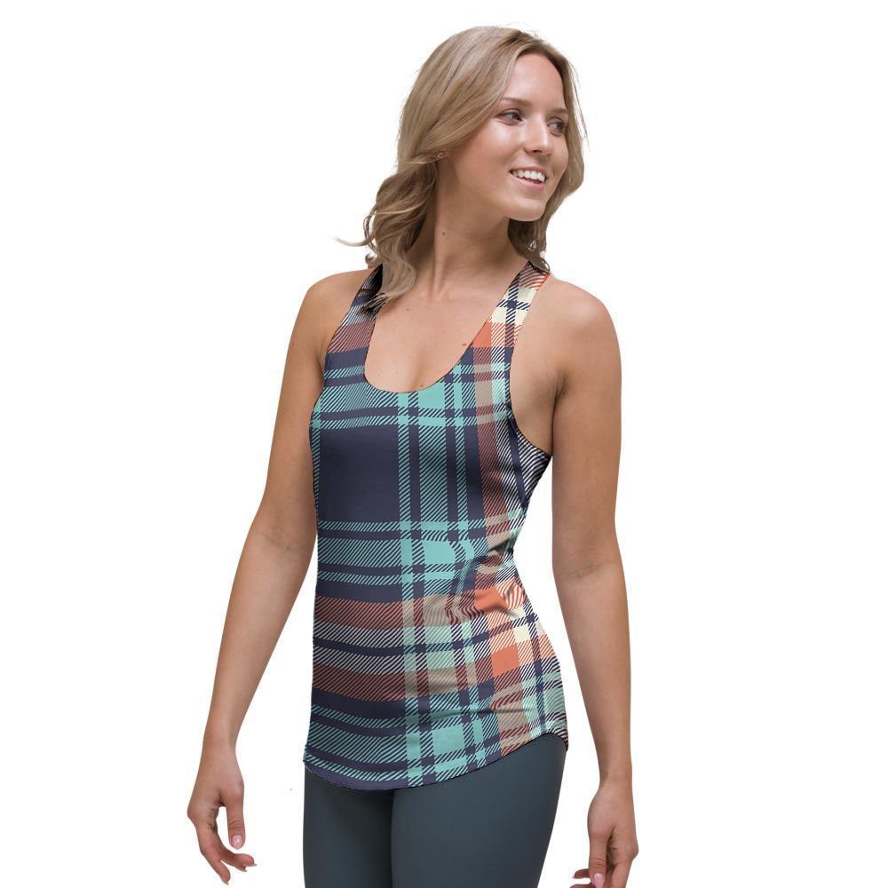 Blue Plaid Tartan Scottish Print Women's Racerback Tank Top-grizzshop