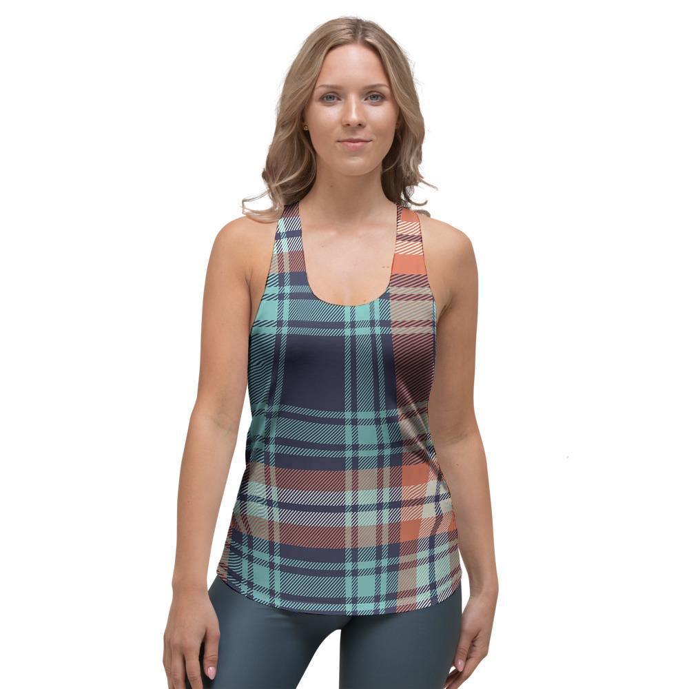 Blue Plaid Tartan Scottish Print Women's Racerback Tank Top-grizzshop
