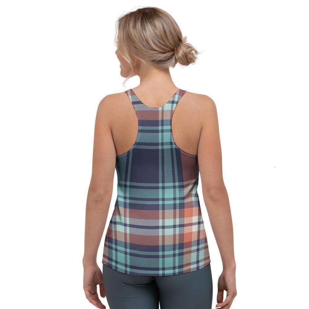 Blue Plaid Tartan Scottish Print Women's Racerback Tank Top-grizzshop
