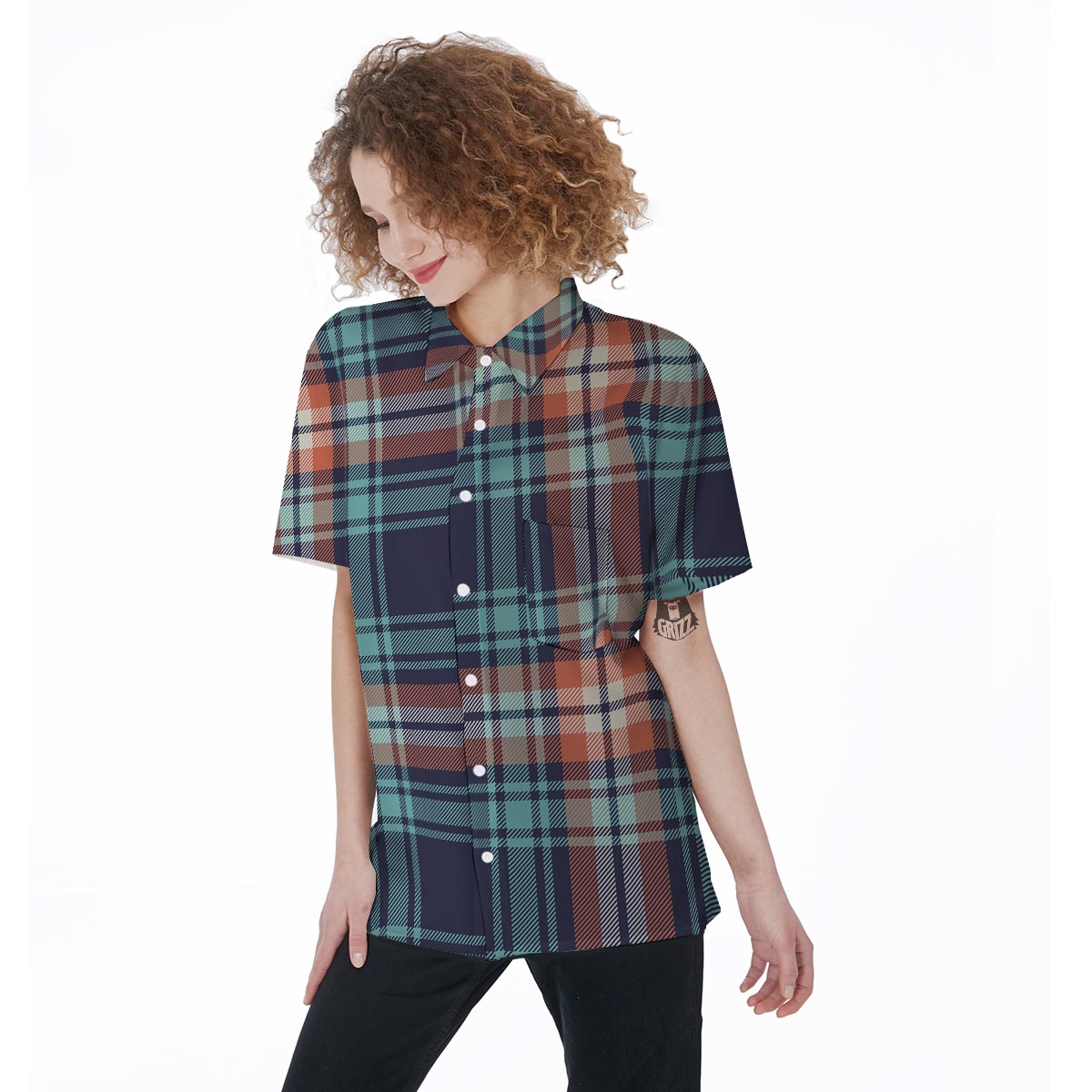 Blue Plaid Tartan Scottish Print Women's Short Sleeve Shirts-grizzshop