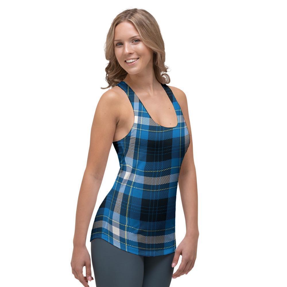 Blue Plaid Tartan Scottish Women's Racerback Tank Top-grizzshop