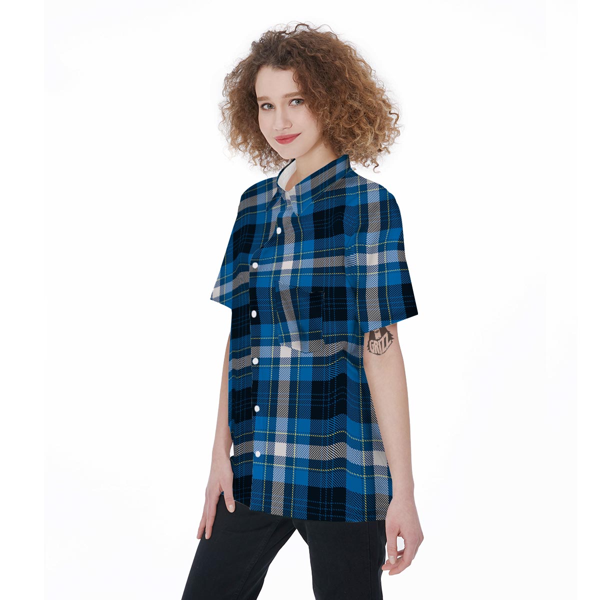 Blue Plaid Tartan Scottish Women's Short Sleeve Shirts-grizzshop