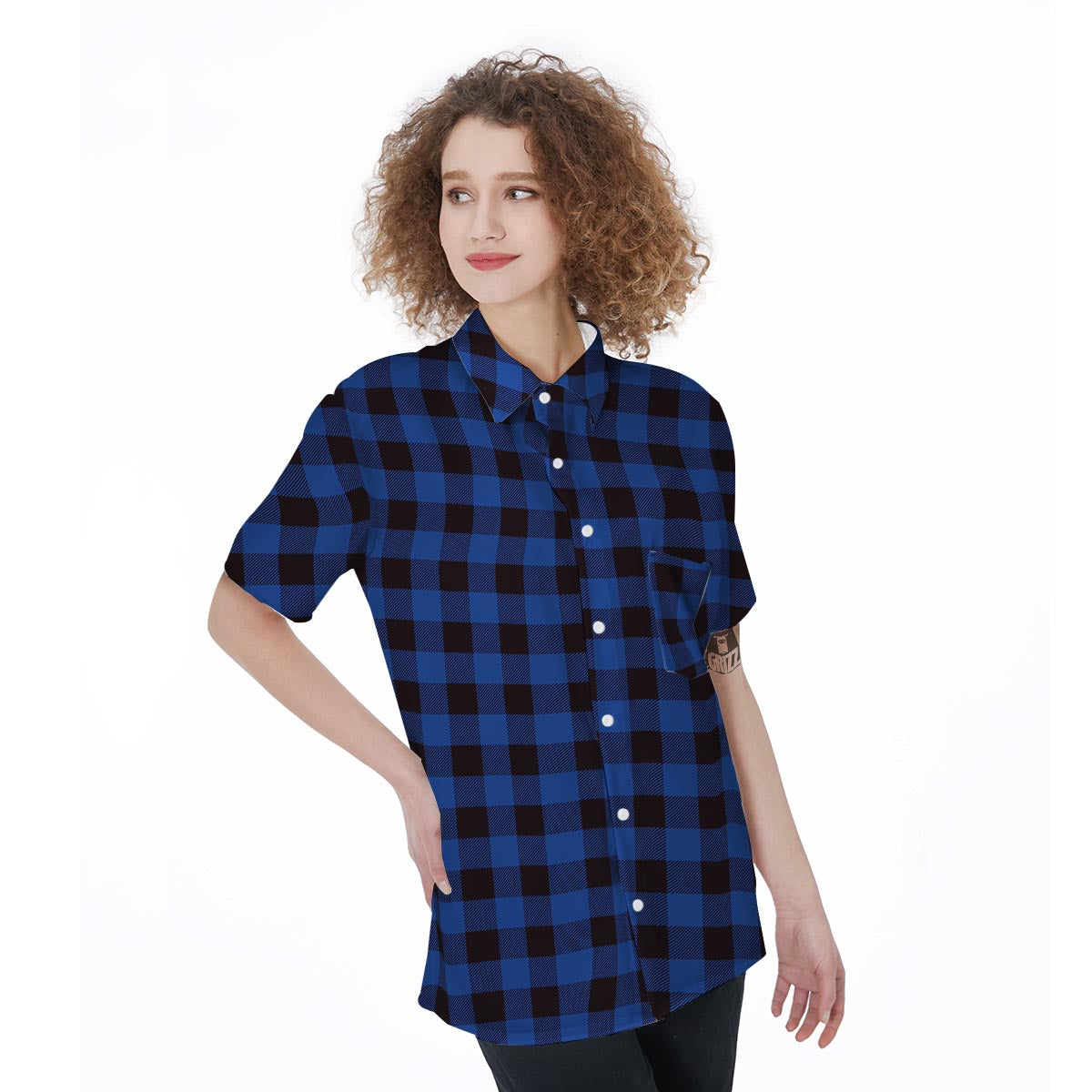 Blue Plaid Women's Short Sleeve Shirts-grizzshop