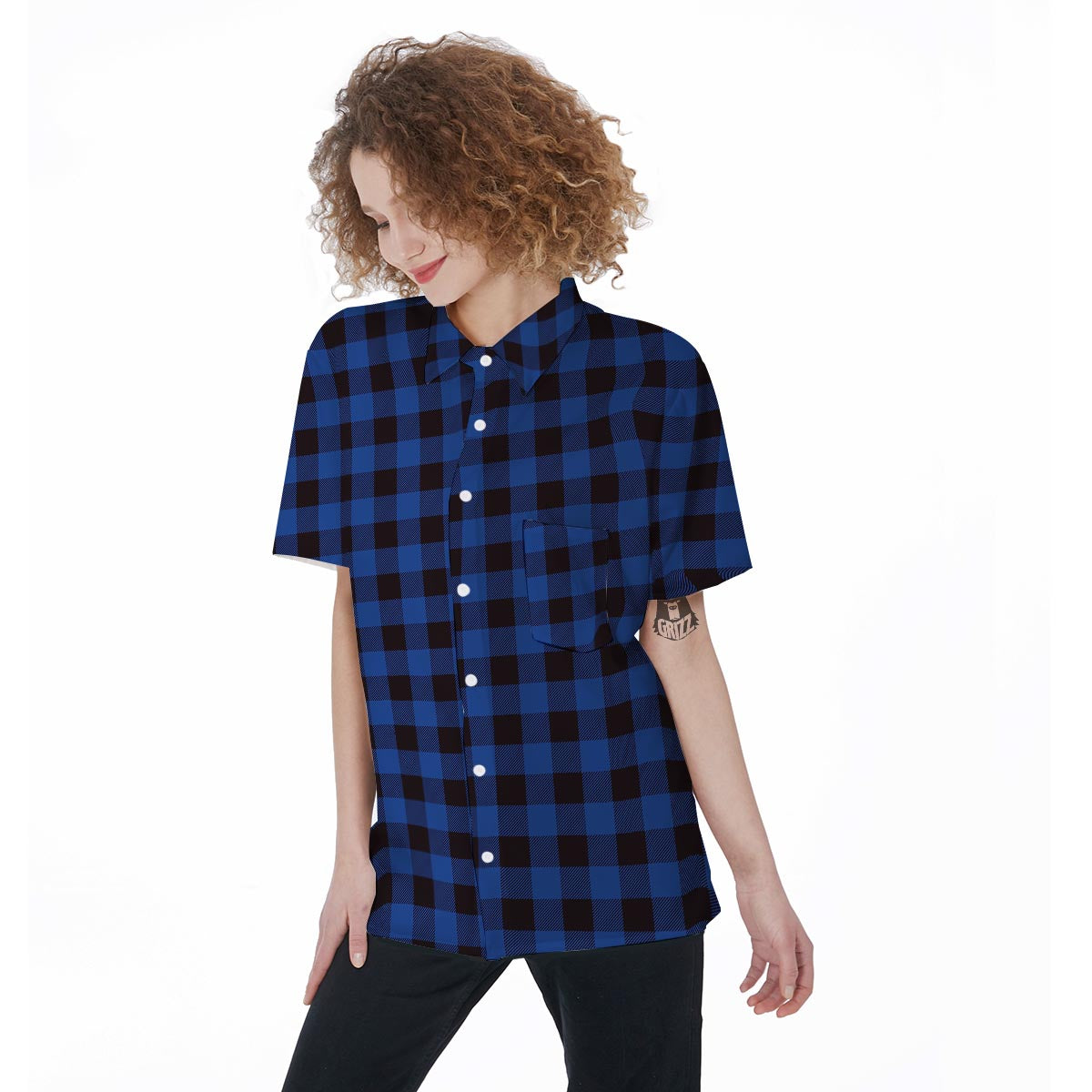 Blue Plaid Women's Short Sleeve Shirts-grizzshop