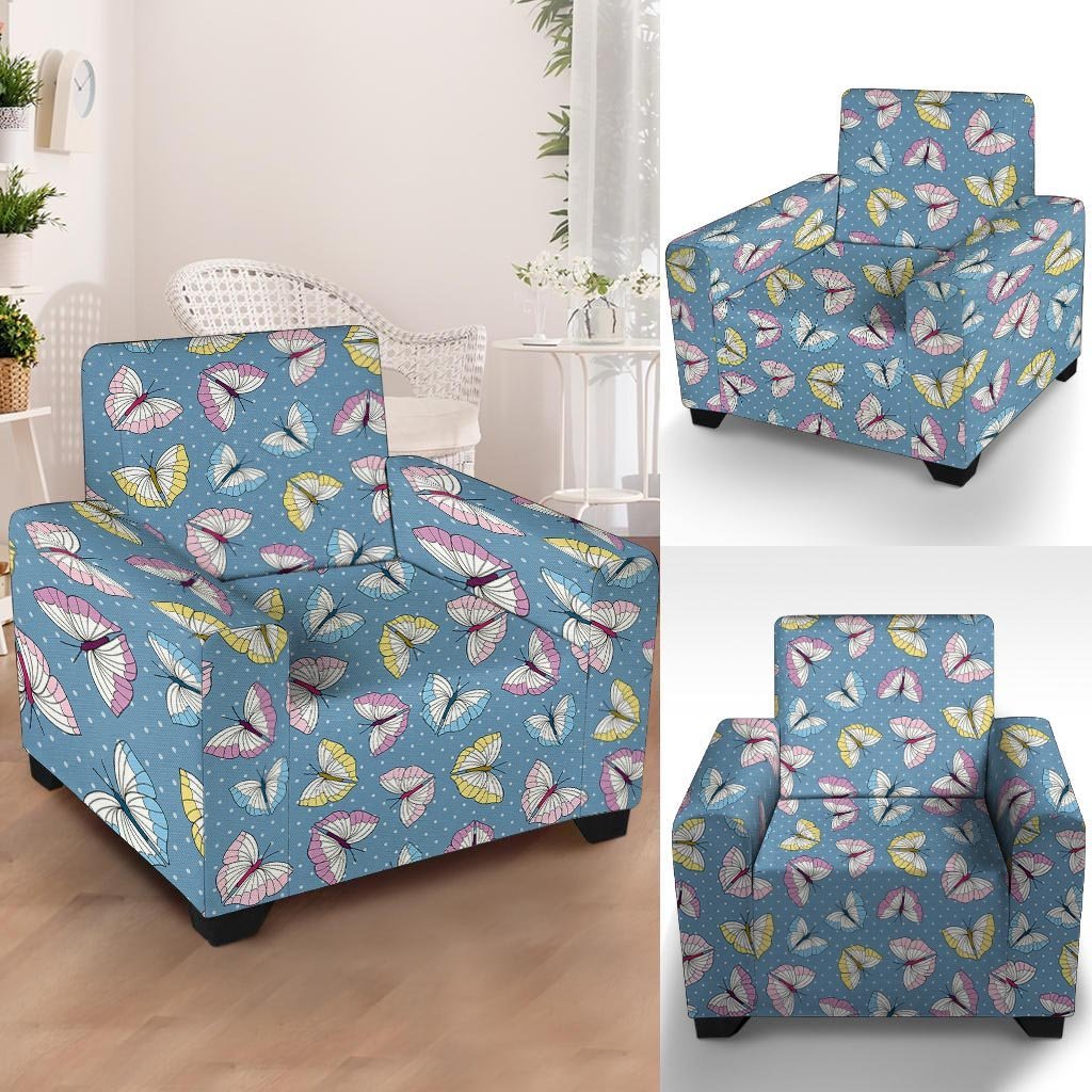 Blue Polka Dots Butterfly Print Armchair Cover-grizzshop