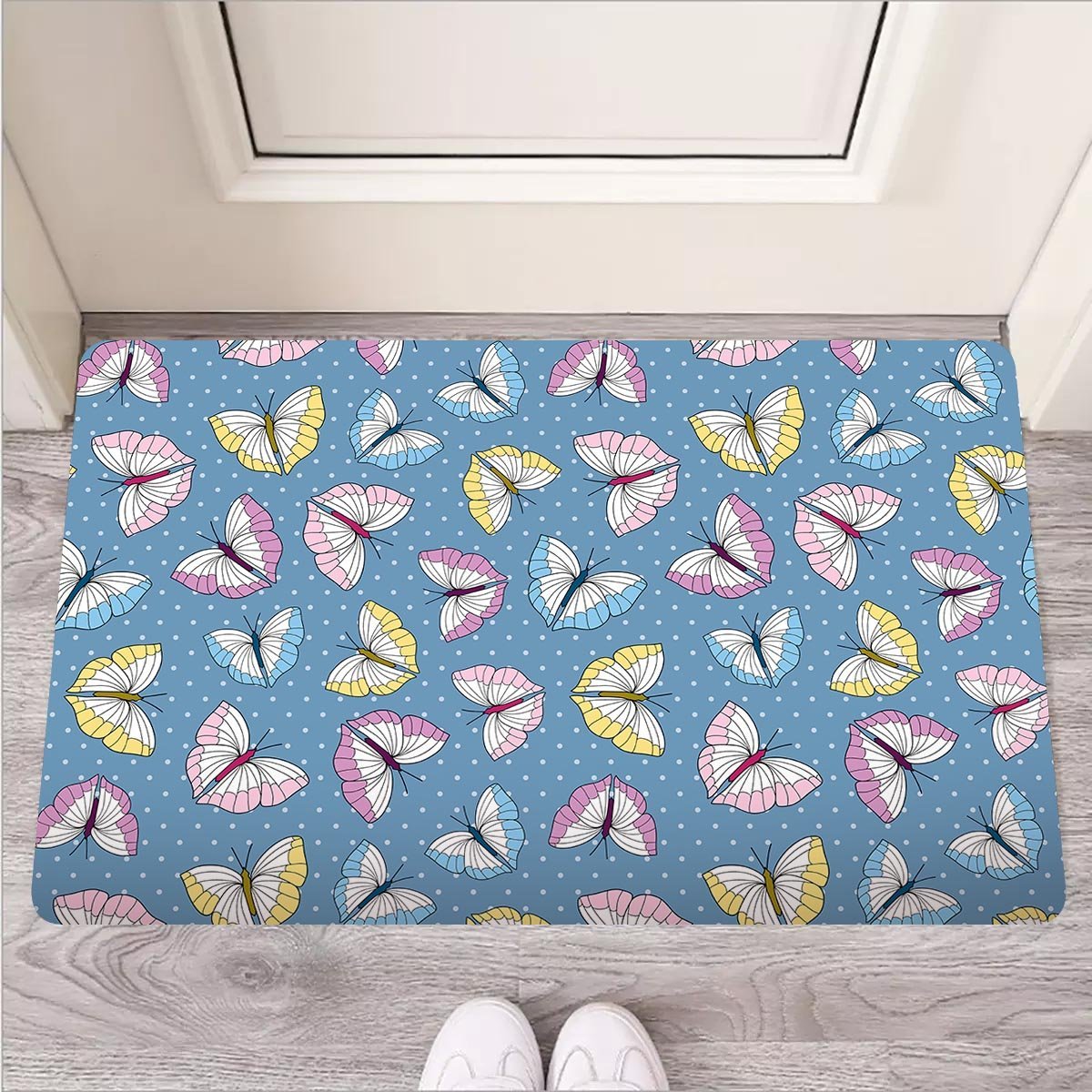 Blue Polka Dots Butterfly Print Door Mat-grizzshop