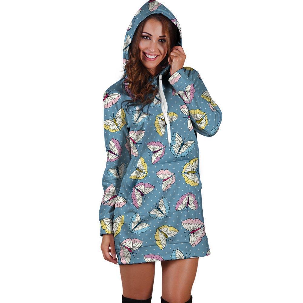 Blue Polka Dots Butterfly Print Hoodie Dress-grizzshop