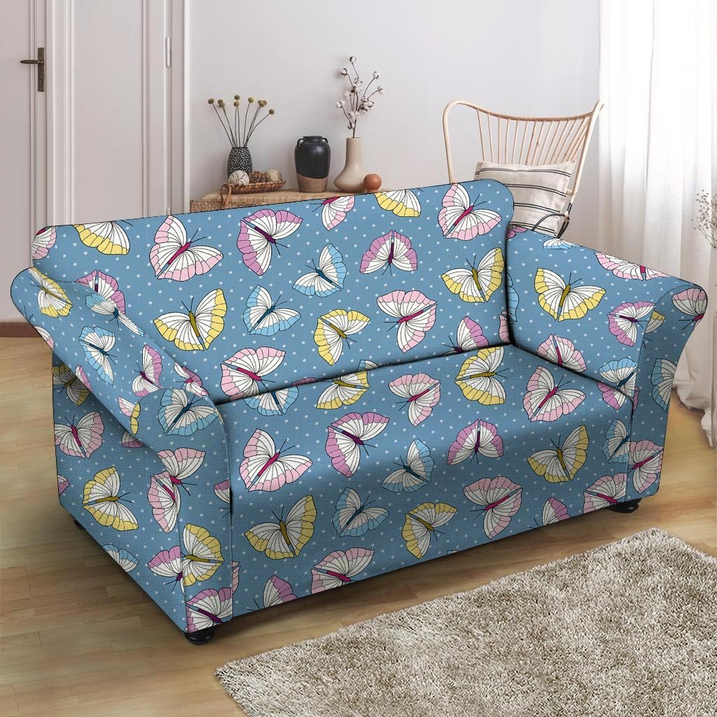 Blue Polka Dots Butterfly Print Loveseat Cover-grizzshop