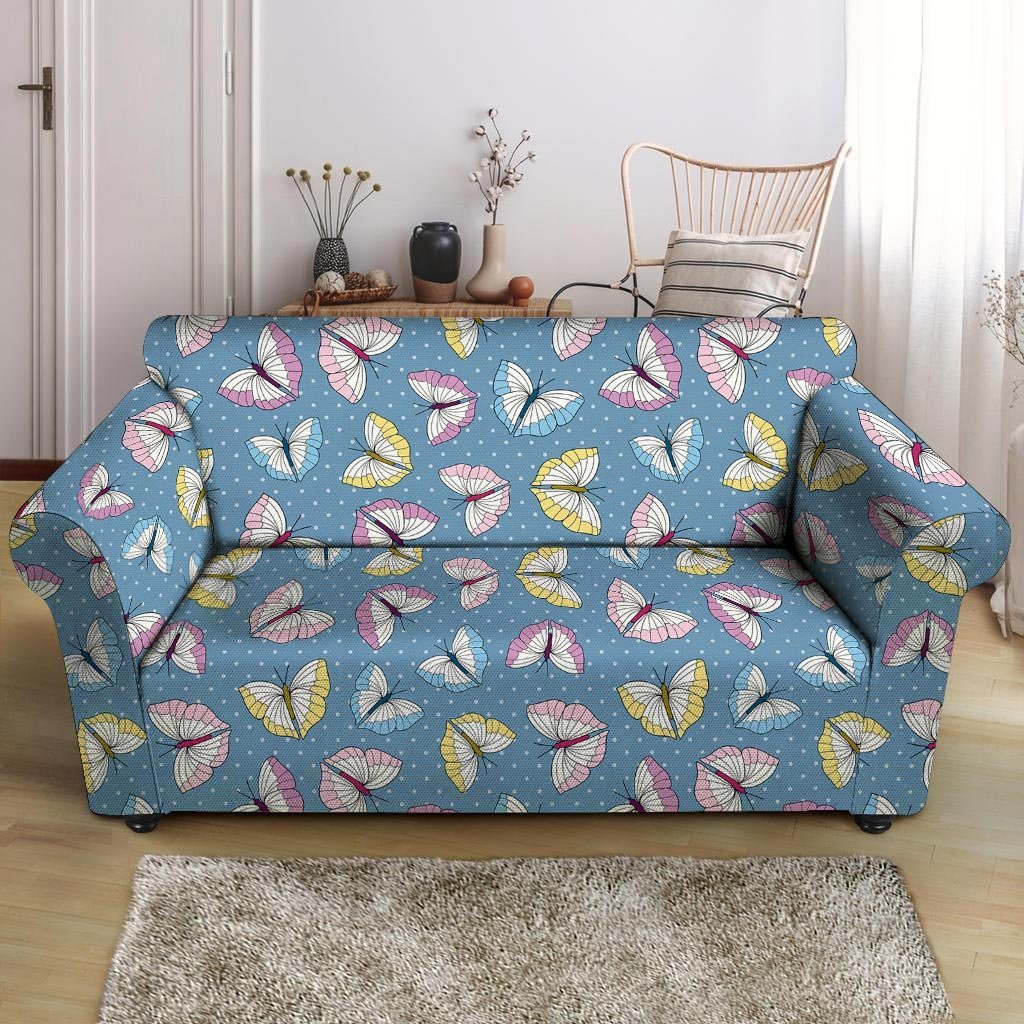 Blue Polka Dots Butterfly Print Loveseat Cover-grizzshop