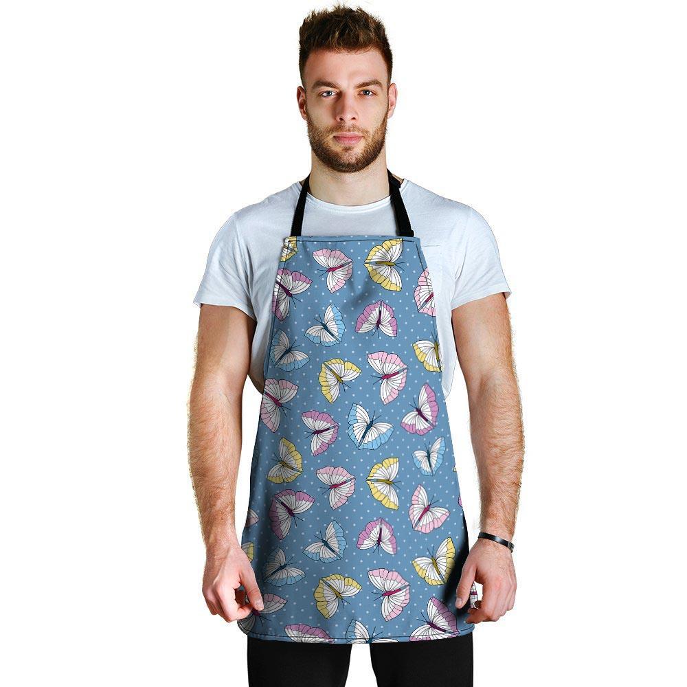 Blue Polka Dots Butterfly Print Men's Apron-grizzshop