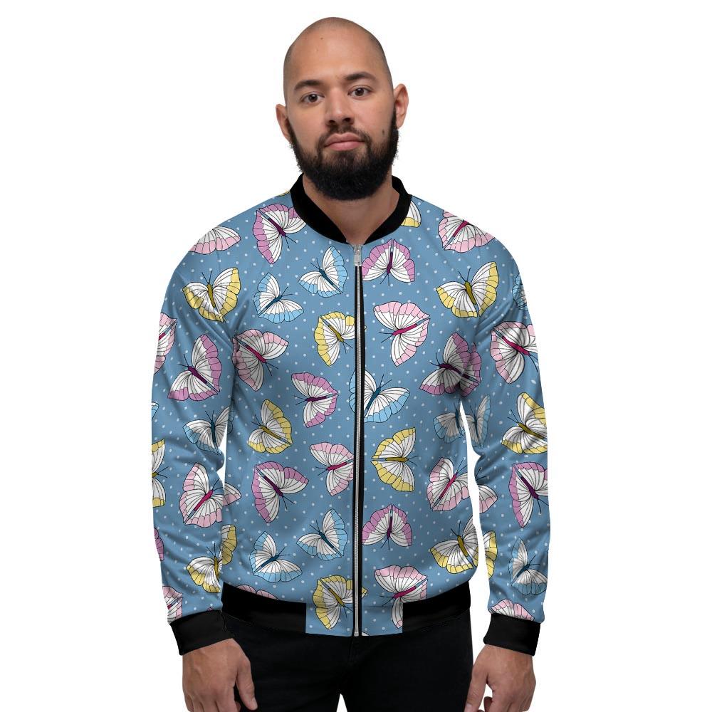 Blue Polka Dots Butterfly Print Men's Bomber Jacket-grizzshop