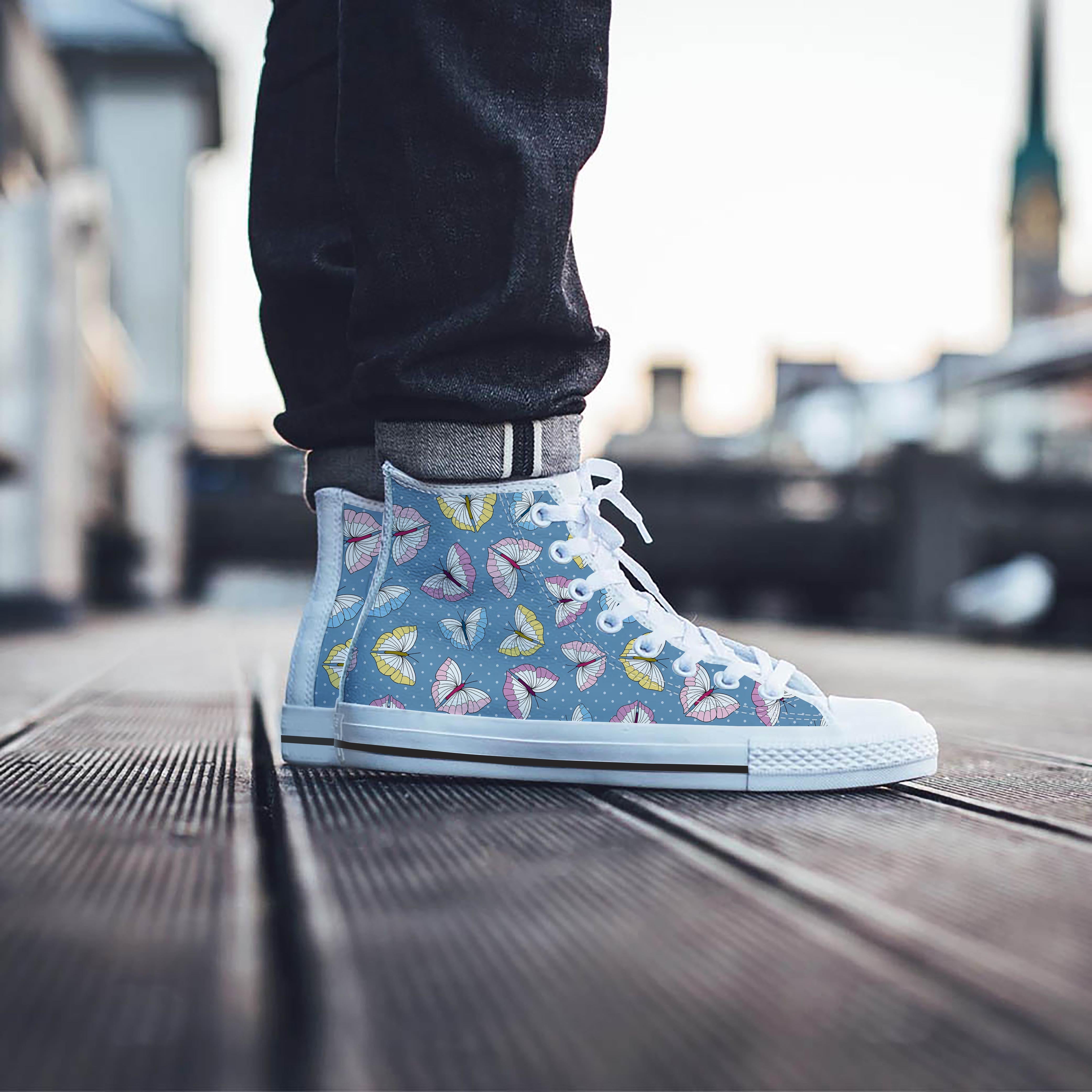 Blue Polka Dots Butterfly Print Men's High Top Shoes-grizzshop