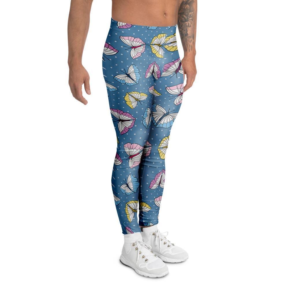 Blue Polka Dots Butterfly Print Men's Leggings-grizzshop