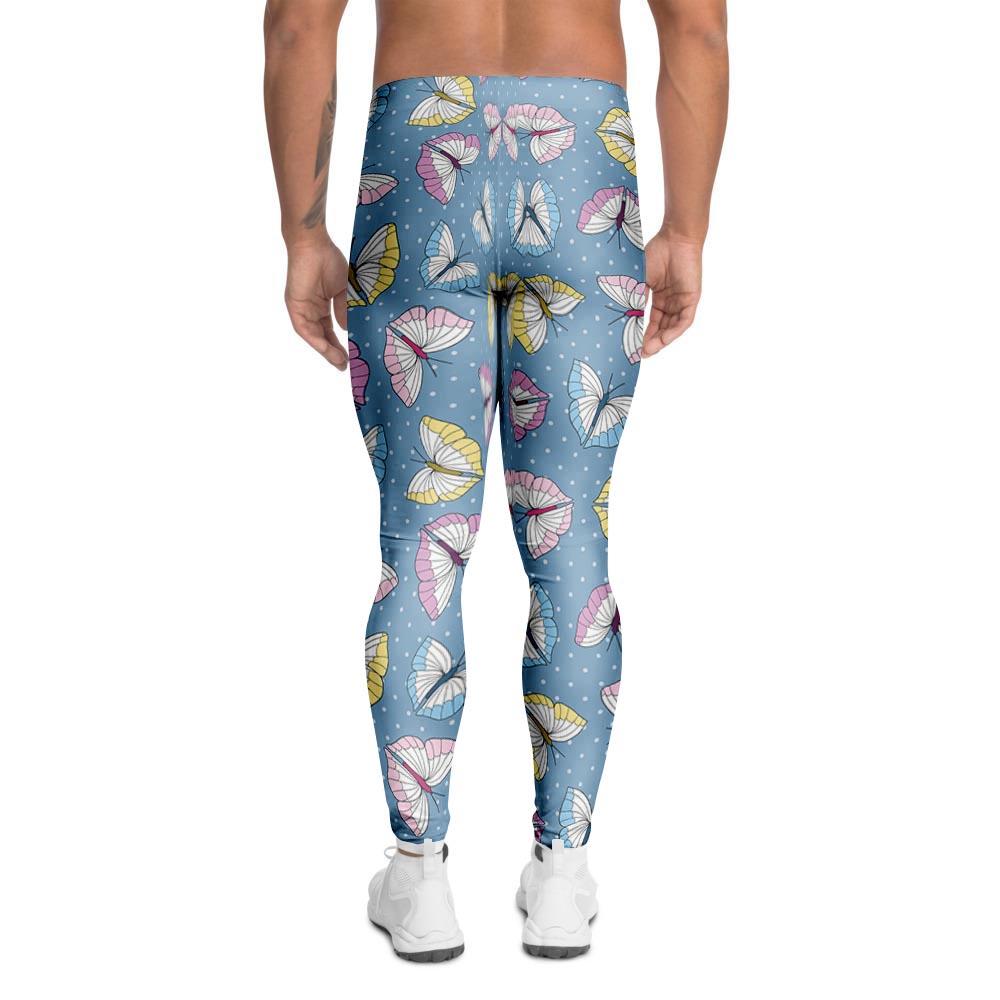 Blue Polka Dots Butterfly Print Men's Leggings-grizzshop