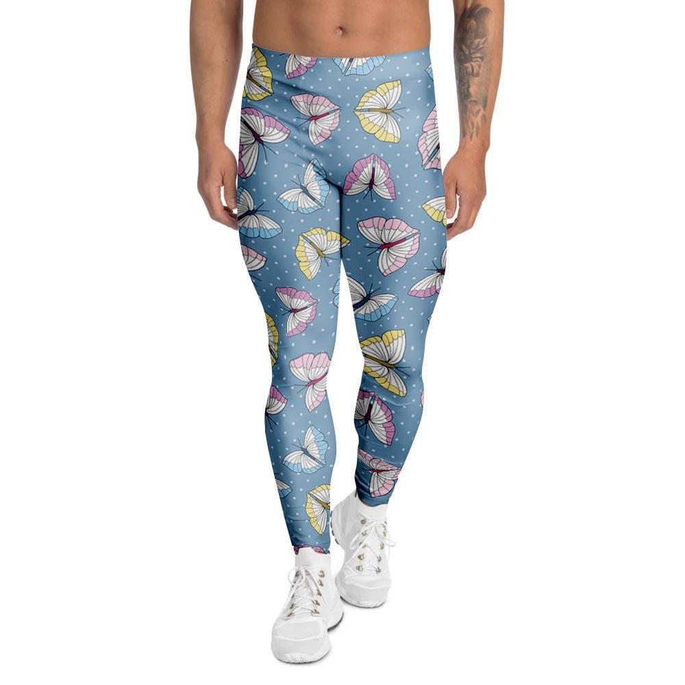 Blue Polka Dots Butterfly Print Men's Leggings-grizzshop