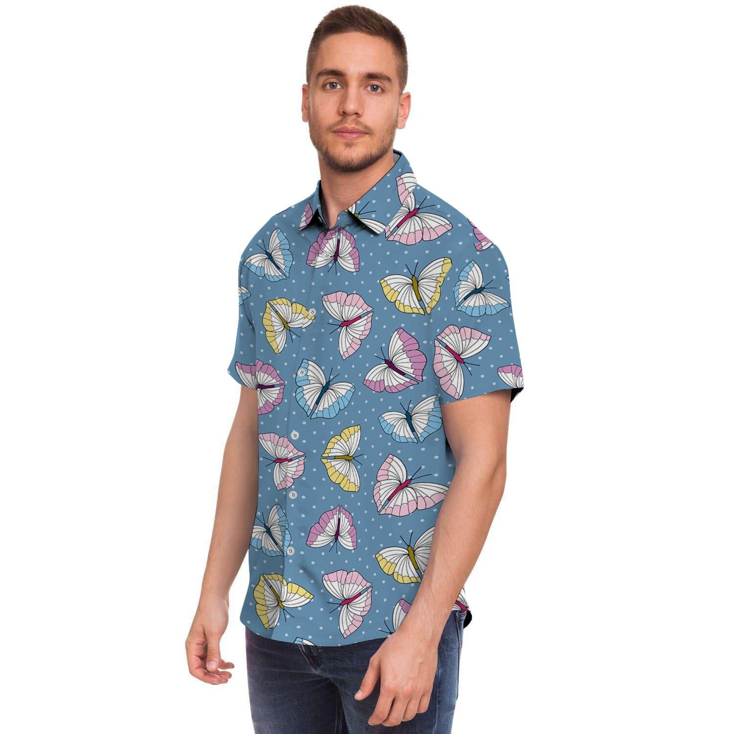 Blue Polka Dots Butterfly Print Men's Short Sleeve Shirt-grizzshop