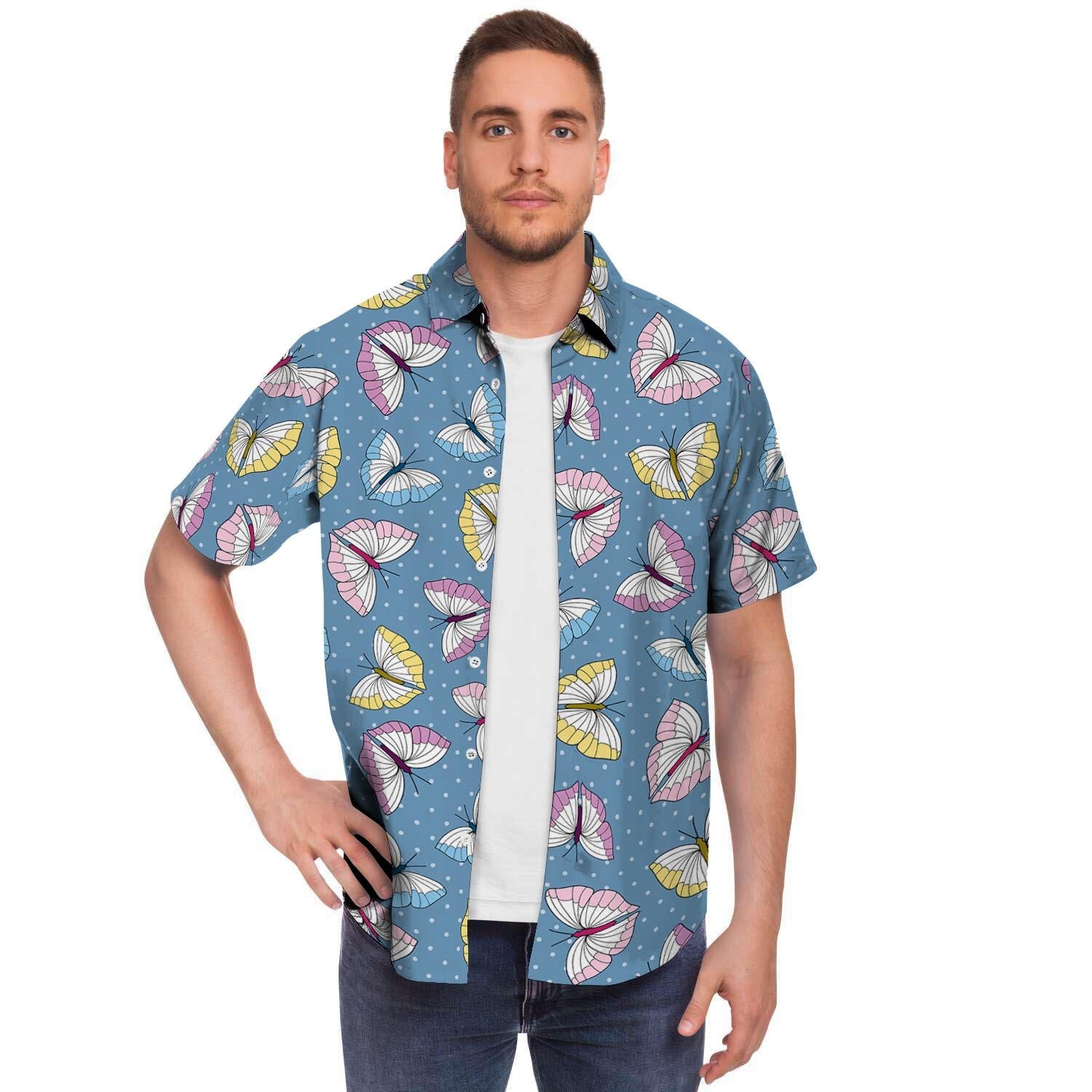 Blue Polka Dots Butterfly Print Men's Short Sleeve Shirt-grizzshop