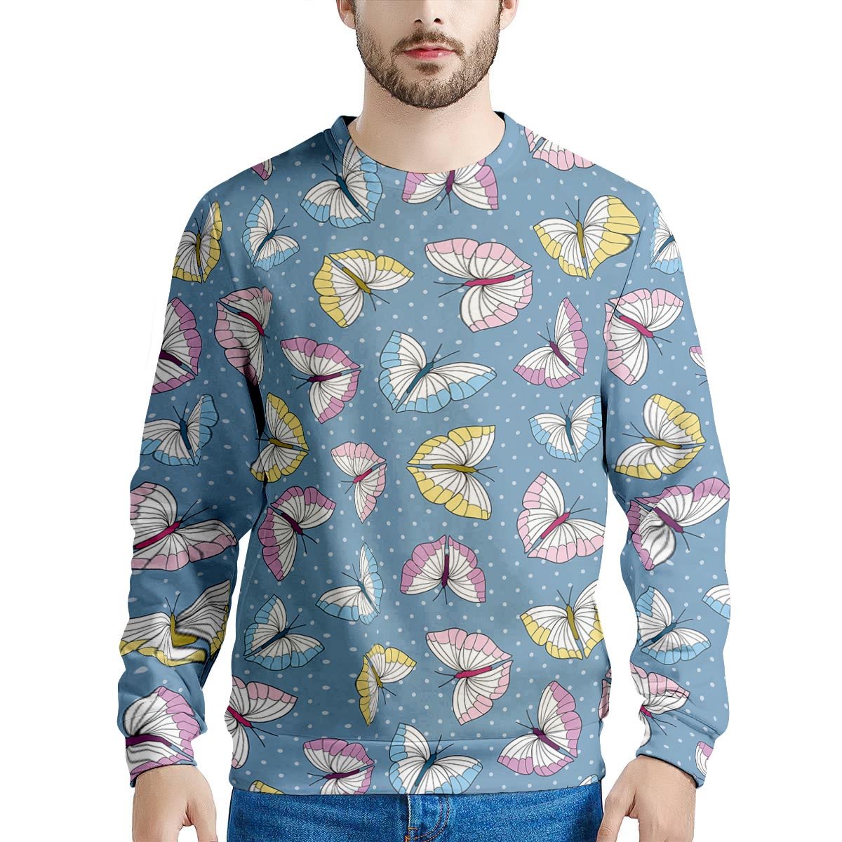 Blue Polka Dots Butterfly Print Men's Sweatshirt-grizzshop