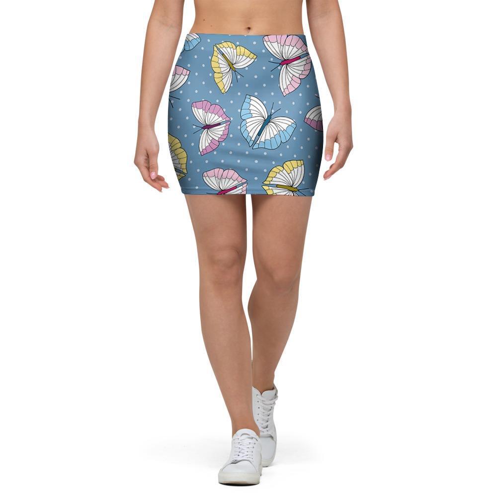 Blue Polka Dots Butterfly Print Mini Skirt-grizzshop