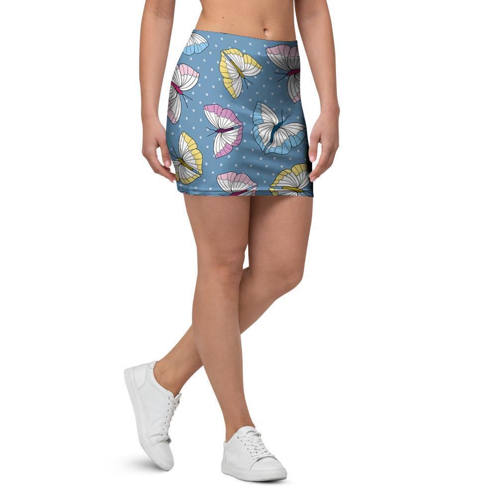 Blue Polka Dots Butterfly Print Mini Skirt-grizzshop