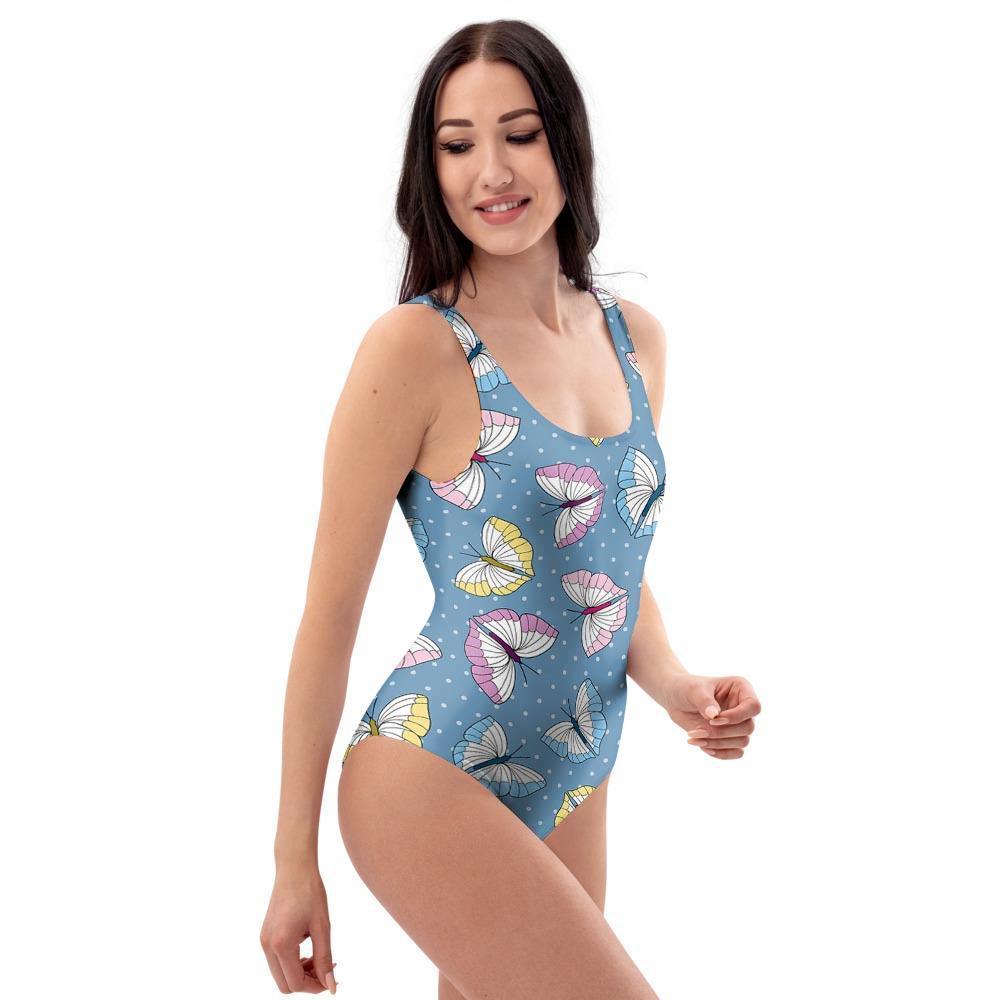 Blue Polka Dots Butterfly Print One Piece Swimsuite-grizzshop