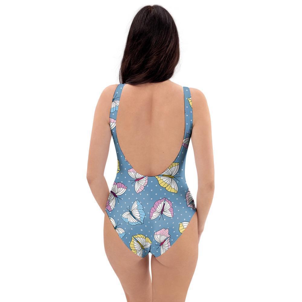 Blue Polka Dots Butterfly Print One Piece Swimsuite-grizzshop