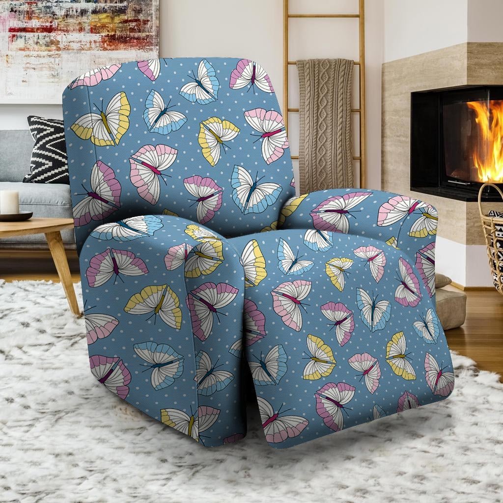 Blue Polka Dots Butterfly Print Recliner Cover-grizzshop