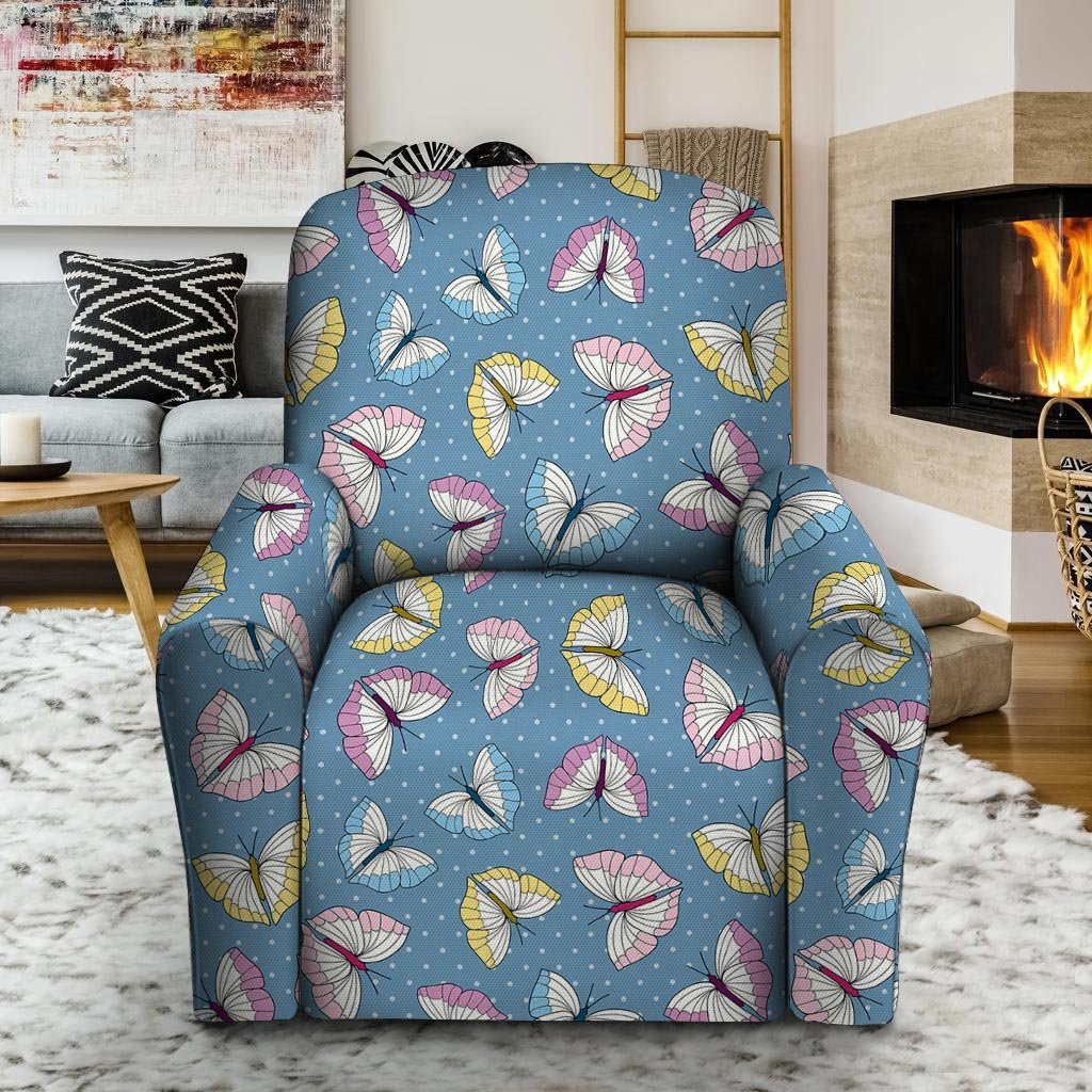 Blue Polka Dots Butterfly Print Recliner Cover-grizzshop