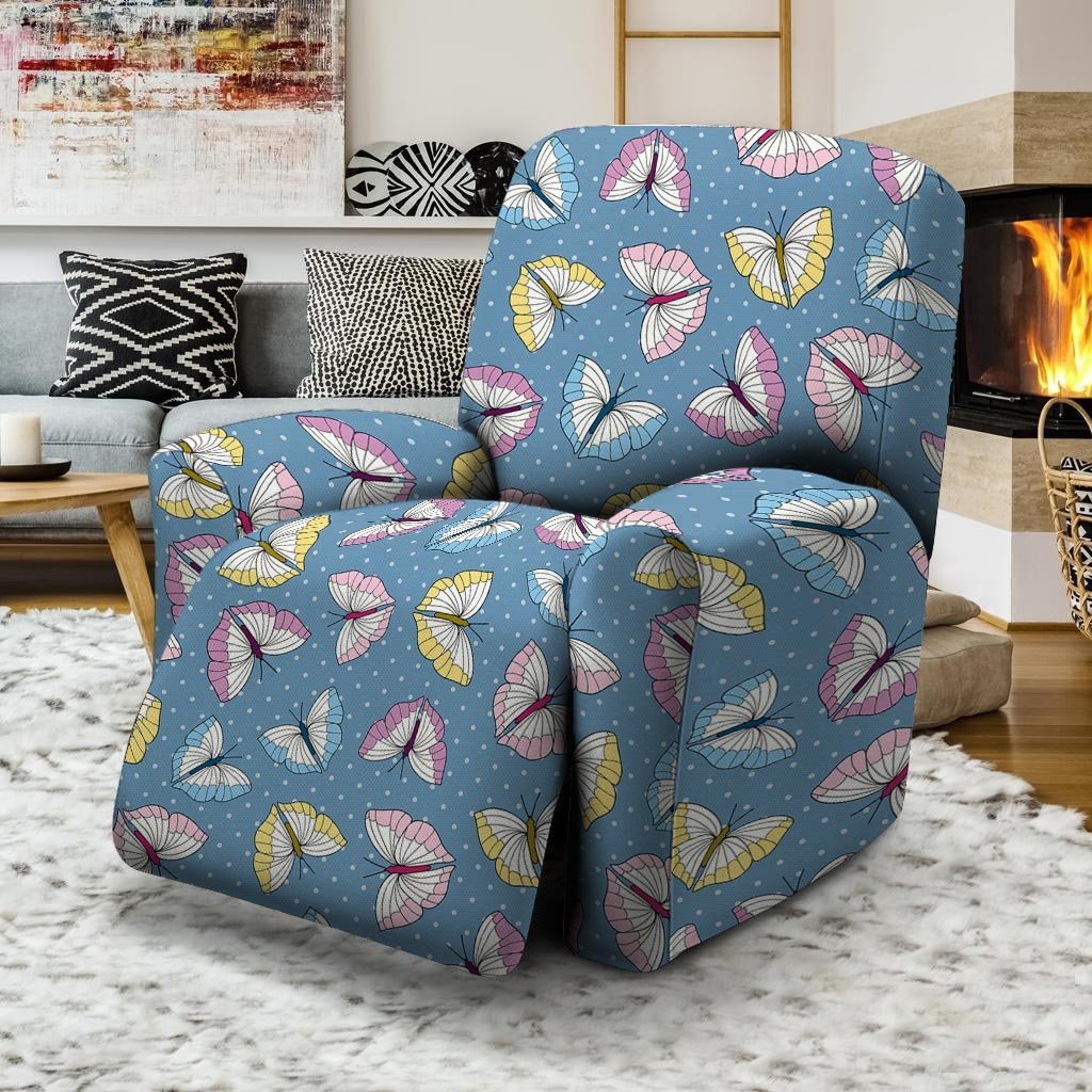 Blue Polka Dots Butterfly Print Recliner Cover-grizzshop