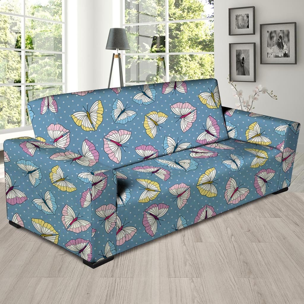 Blue Polka Dots Butterfly Print Sofa Cover-grizzshop