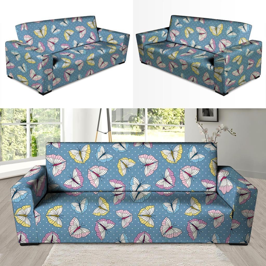 Blue Polka Dots Butterfly Print Sofa Cover-grizzshop