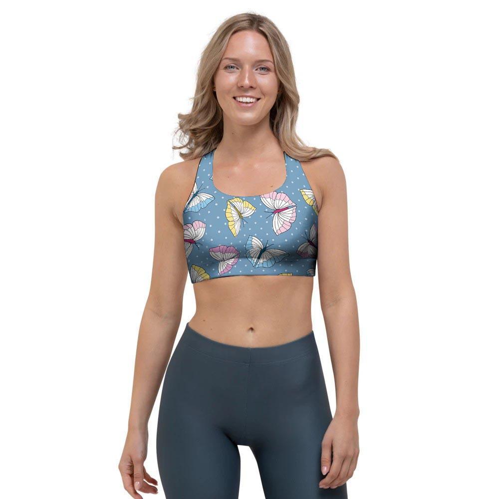 Blue Polka Dots Butterfly Print Sports Bra-grizzshop