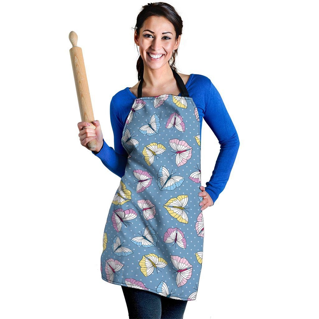 Blue Polka Dots Butterfly Print Women's Apron-grizzshop