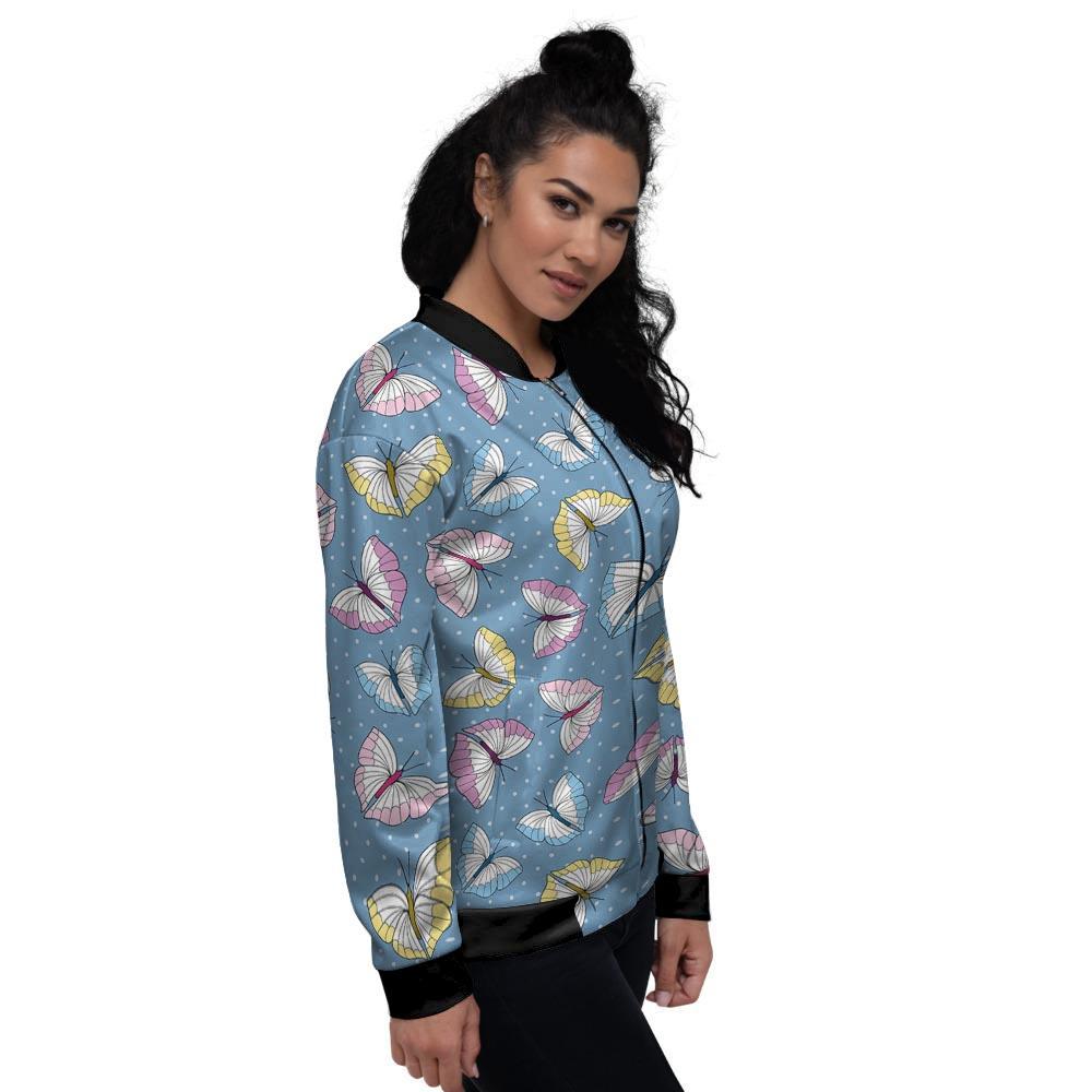 Blue Polka Dots Butterfly Print Women's Bomber Jacket-grizzshop