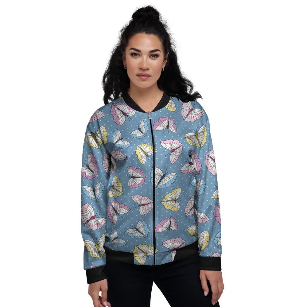 Blue Polka Dots Butterfly Print Women's Bomber Jacket-grizzshop